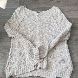 Free People Cream Textured V-Neck Sweater